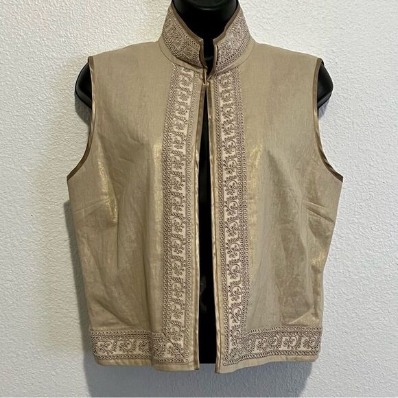 Peter Nygard Boho Gold Linen Blend Mandarin Collar Embellished Open Waist Vest M - Picture 1 of 14